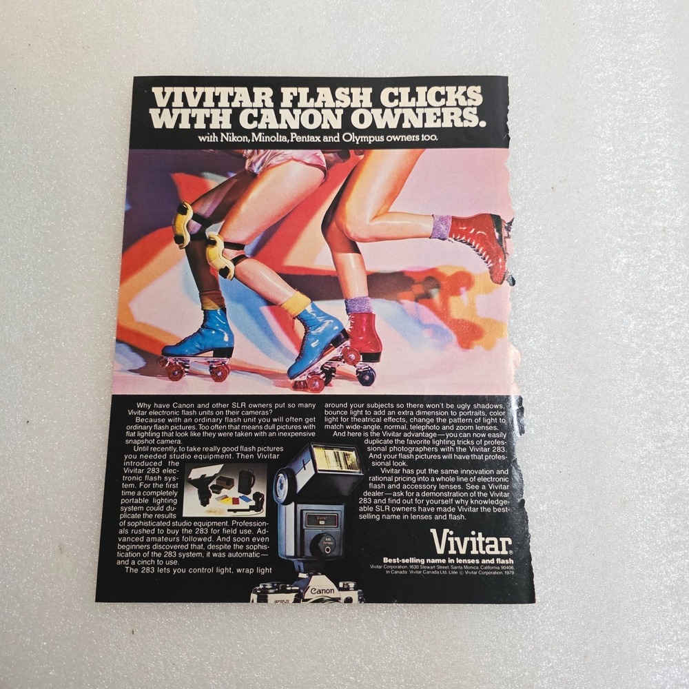 Vintage 1979 Vivitar Flash Print Ad Roller Skate Legs Canon Nikon 8x10.5